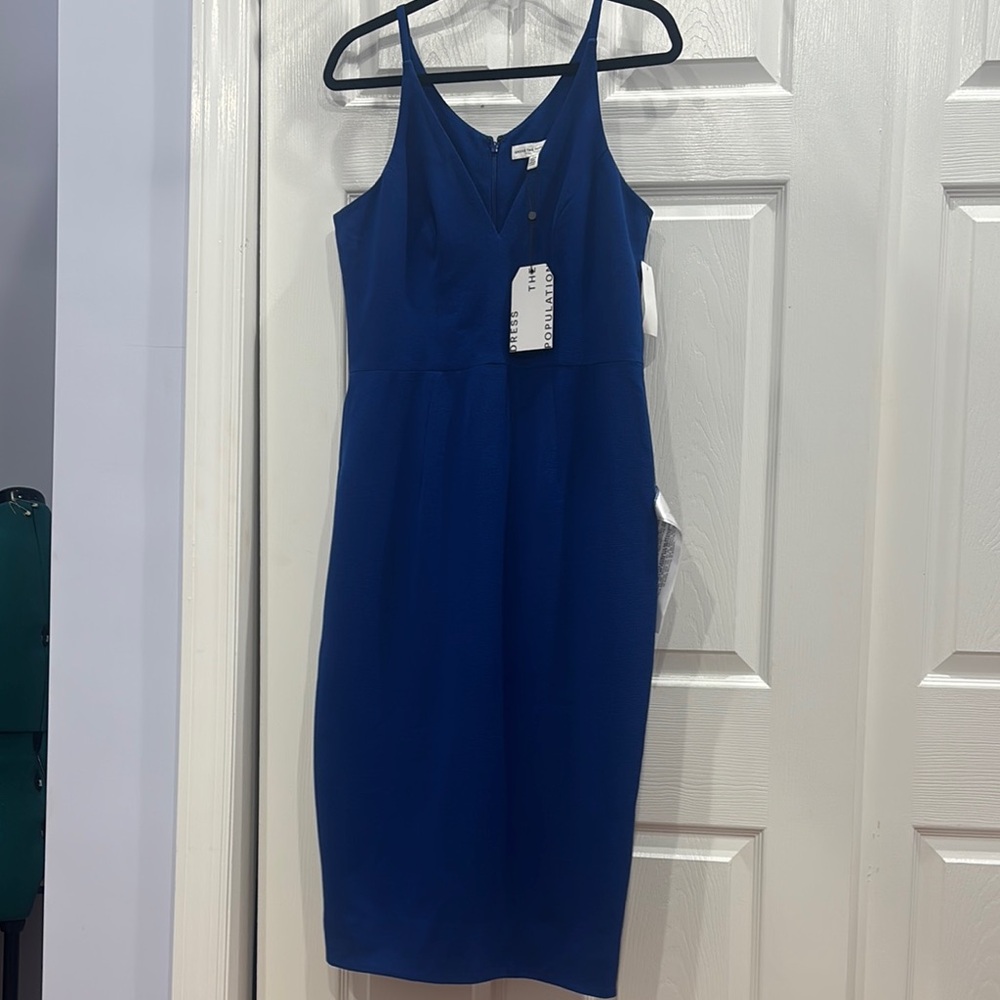 Dress the Population Blue V-Neck Sheath Midi Dress